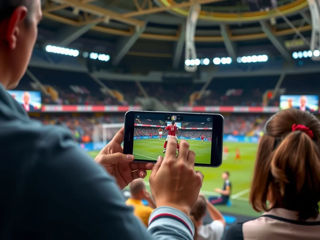Viewers using second-screen sports app with augmented reality features over live match footage, interactive digital engagement, modern viewing technology