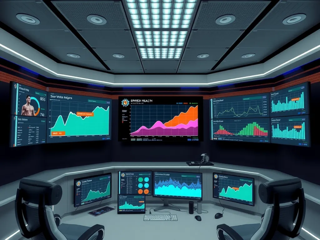 Professional image of a modern data analysis center with AI monitoring sports health data, multiple screens showing graphs and metrics