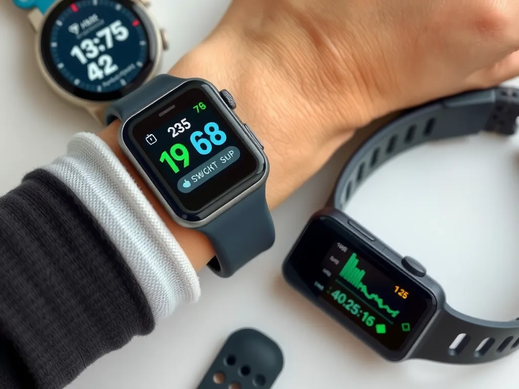 High-quality image of wearable fitness technology like smartwatches and chest straps, capturing health metrics