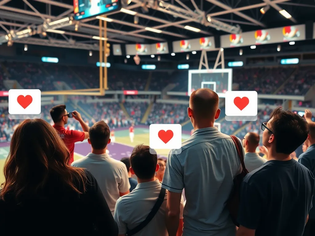 A virtual fan experience showing a group of people enjoying a sports event live with interactive digital features and real-time engagement