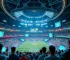 Futuristic sports stadium filled with diverse fans engaged with AI-driven interactive displays, vibrant atmosphere, immersive technology, photorealistic, high quality