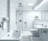 Pristine and modern bathroom with sparkling tiles, clean fixtures, and bright lighting, minimalist decor, high quality, photorealistic.
