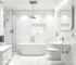Modern, pristine bathroom fully cleaned, with sparkling clean tiles, shiny fixtures, bright lighting, and a minimalistic aesthetic, photorealistic, high quality