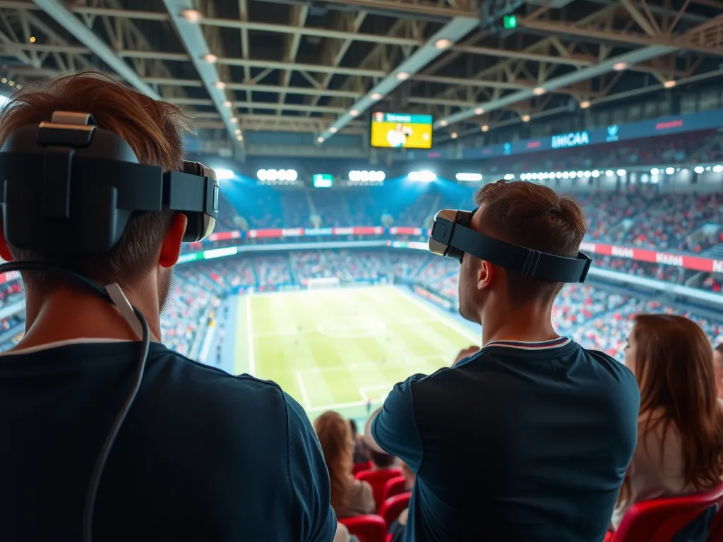 Fans in a stadium using virtual reality glasses to watch a sports match, immersive experience, bright and dynamic, high-quality