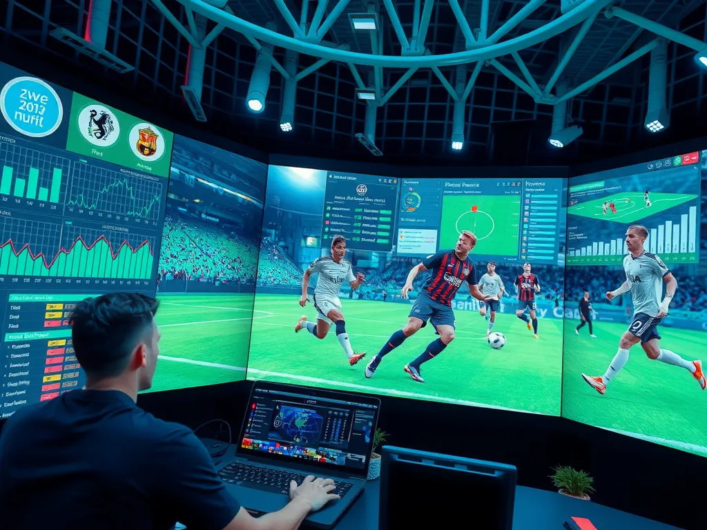 High-tech sports analytics scene with AI algorithms, large data screens, football strategy visualizations, photorealistic, high quality, modern technology