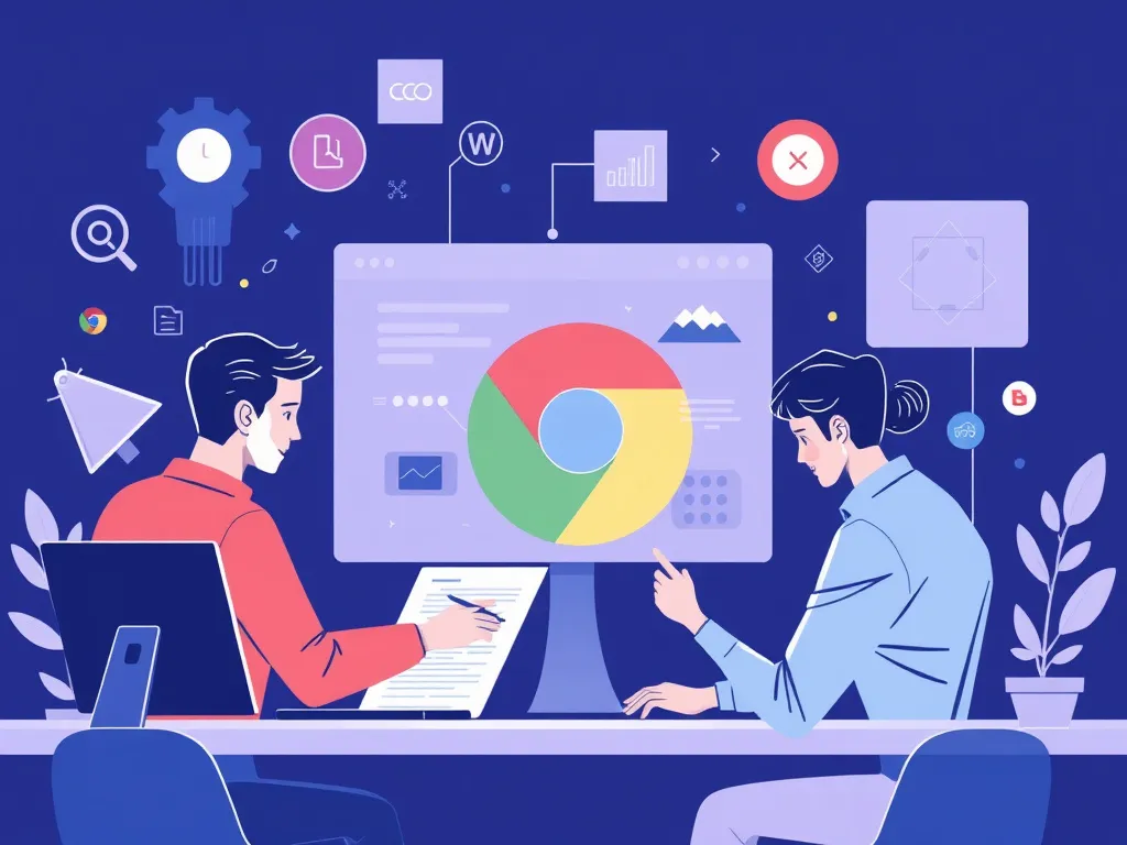 Illustration of professionals efficiently working using AI-driven tools on Chrome, collaborative digital environment