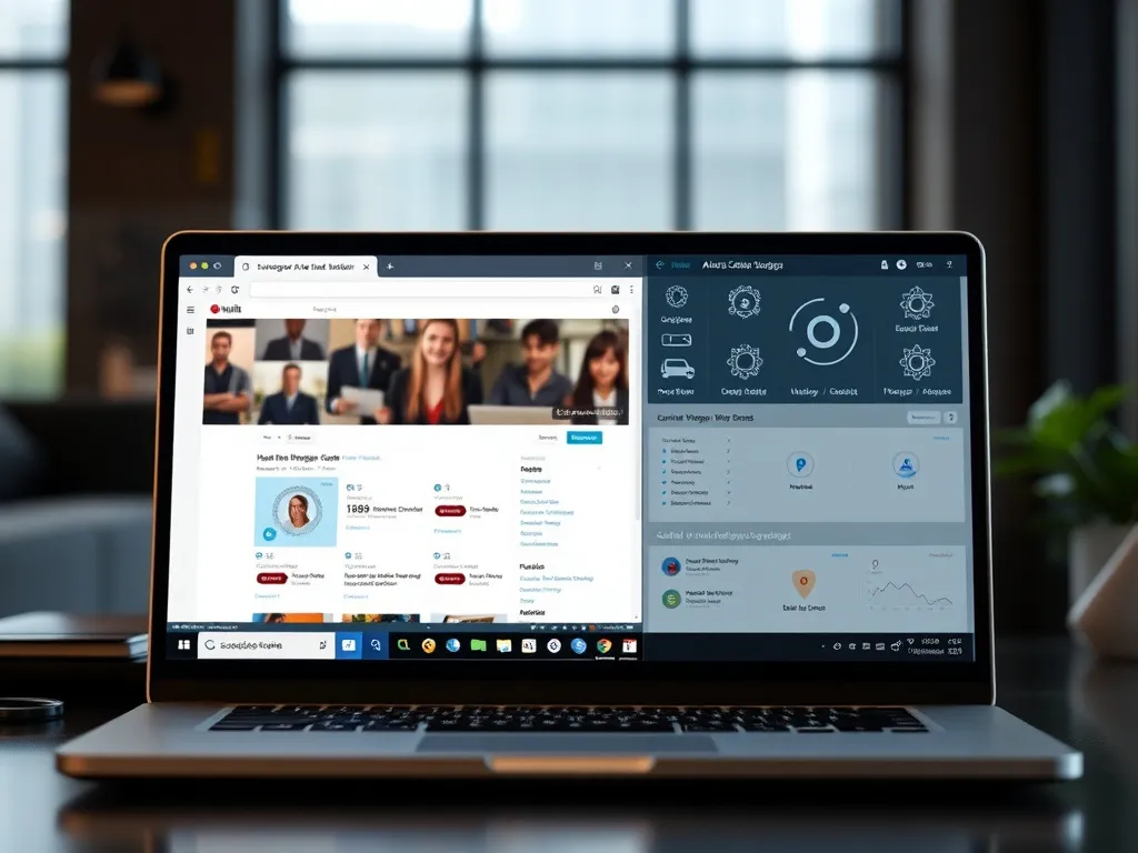 Photo of a split-screen laptop showing web browsing alongside active AI tools, professional setting, modern technology