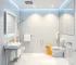 Photorealistic bathroom with sparkling clean finishes, modern fixtures, shining tiles and mirrors, high quality, professional cleaning tools arranged neatly, well-lit atmosphere.