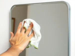 Mirror being cleaned with microfiber cloth, clear and reflective surface, no streaks or spots, photorealistic