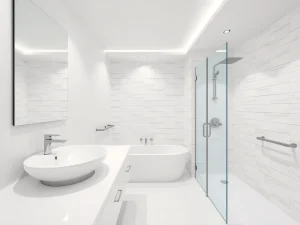 Pristine bathroom interior, modern design with sparkling clean surfaces, contemporary sink, shiny tiles and grout, elegant shower area, photorealistic, professional lighting