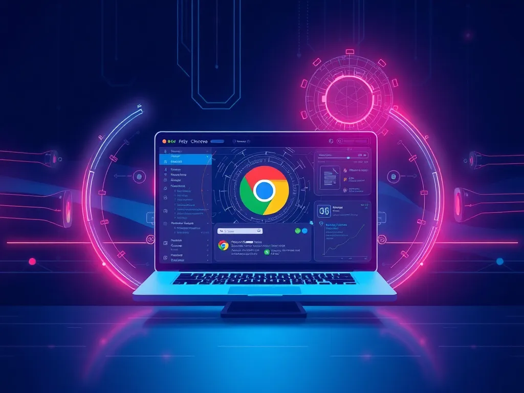 Illustration depicting futuristic internet browsing with AI integration on Chrome, high-tech interface, modern digital environment, sleek professional design