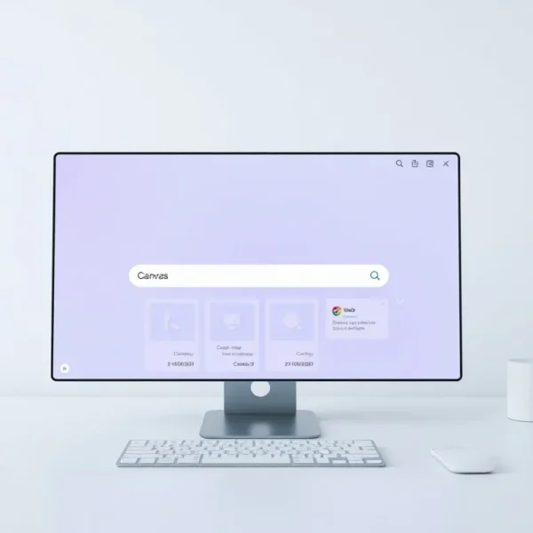 Shoes – شاشة حاسوب بخلفية بنفسجية وكلمة Canvas ظاهرة مع لوحة مفاتيح وماوس فضيين