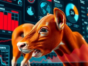 Close-up of AI analysis dashboard showing data on animal health and activity, detailed, futuristic interface, digital management tools