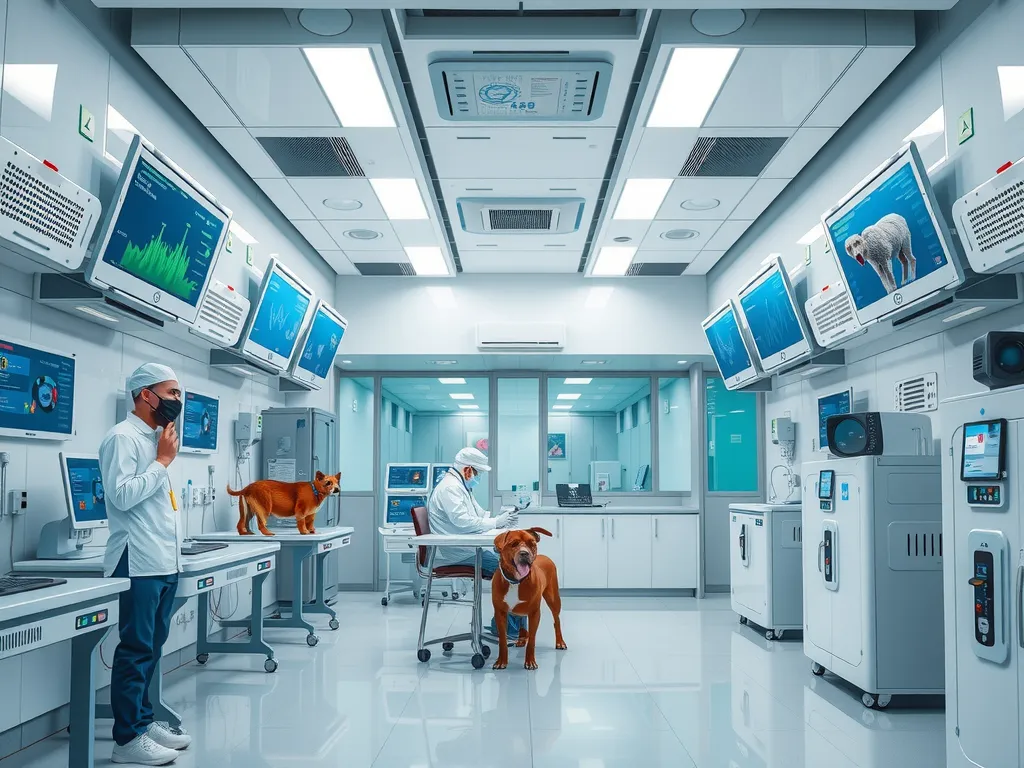 High-tech animal care facility with AI technology, featuring digital screens displaying health data, smart sensors monitoring animal behavior, photorealistic, clean, modern, professional setting