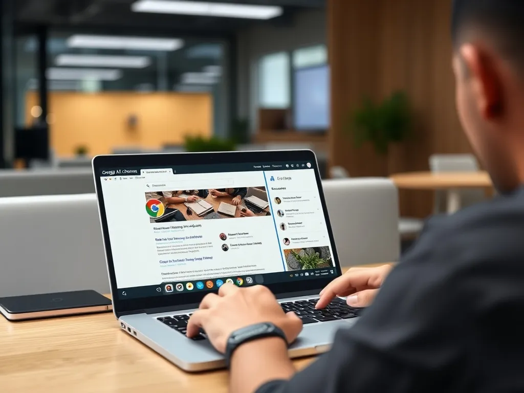 A person using Google Chrome on a laptop with AI Mode activated, showing a split screen where one side displays a webpage and the other side shows AI tools like chat or summarization icons. Modern tech office environment, natural lighting, photorealistic.