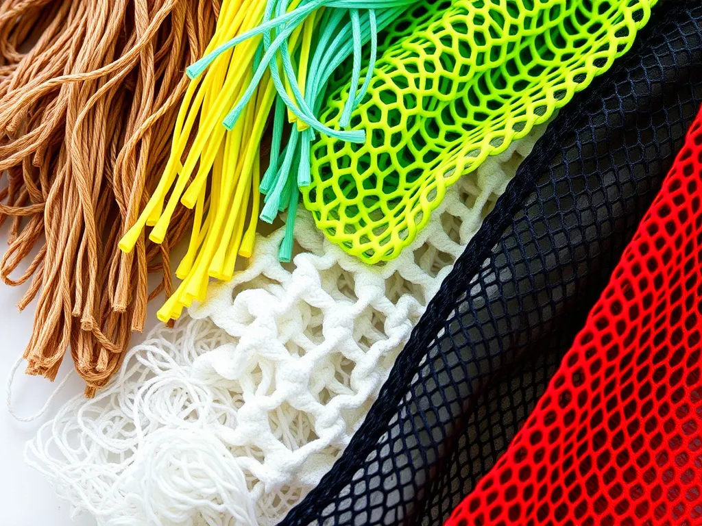 An array of synthetic fibers and engineered mesh materials used in shoe manufacturing, showing texture and color, detailed, professional photography. An array of synthetic fibers and engineered mesh materials used in shoe manufacturing, showing texture and color, detailed, professional photography.