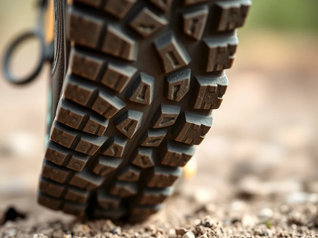 A close-up view of a running shoe sole with deep treads for trail running, showing texture and material, photorealistic, detailed.