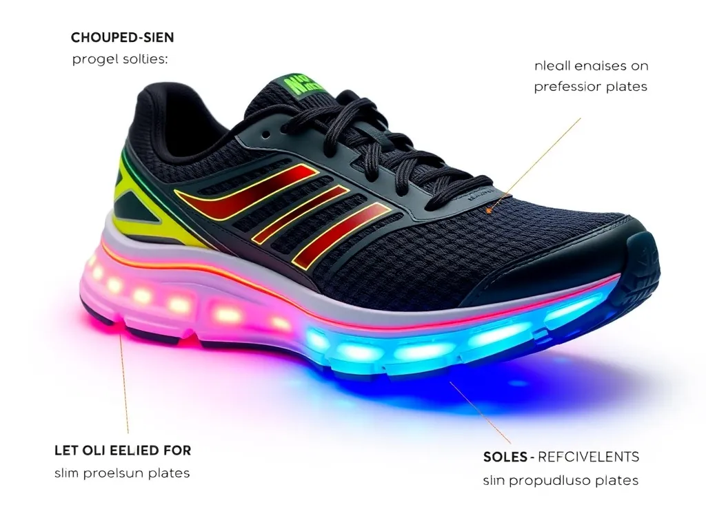 High-tech running shoe with reflective elements, sleek design, and vibrant colors, showing innovative features like rolled soles and slim propulsion plates, presented in a clean, modern style. High-tech running shoe with reflective elements, sleek design, and vibrant colors, showing innovative features like rolled soles and slim propulsion plates, presented in a clean, modern style.