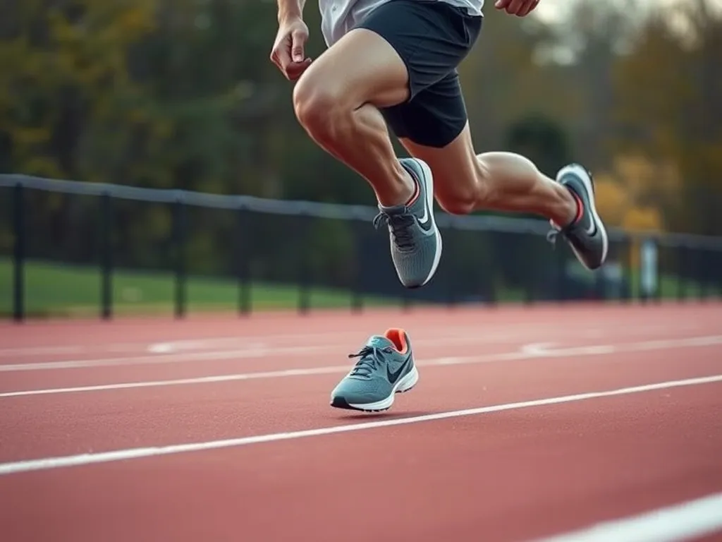 A runner performing a short sprint on a track wearing lightweight running shoes, showing dynamic movement and shoe flexibility, capturing the essence of speed and agility, photorealistic. A runner performing a short sprint on a track wearing lightweight running shoes, showing dynamic movement and shoe flexibility, capturing the essence of speed and agility, photorealistic.