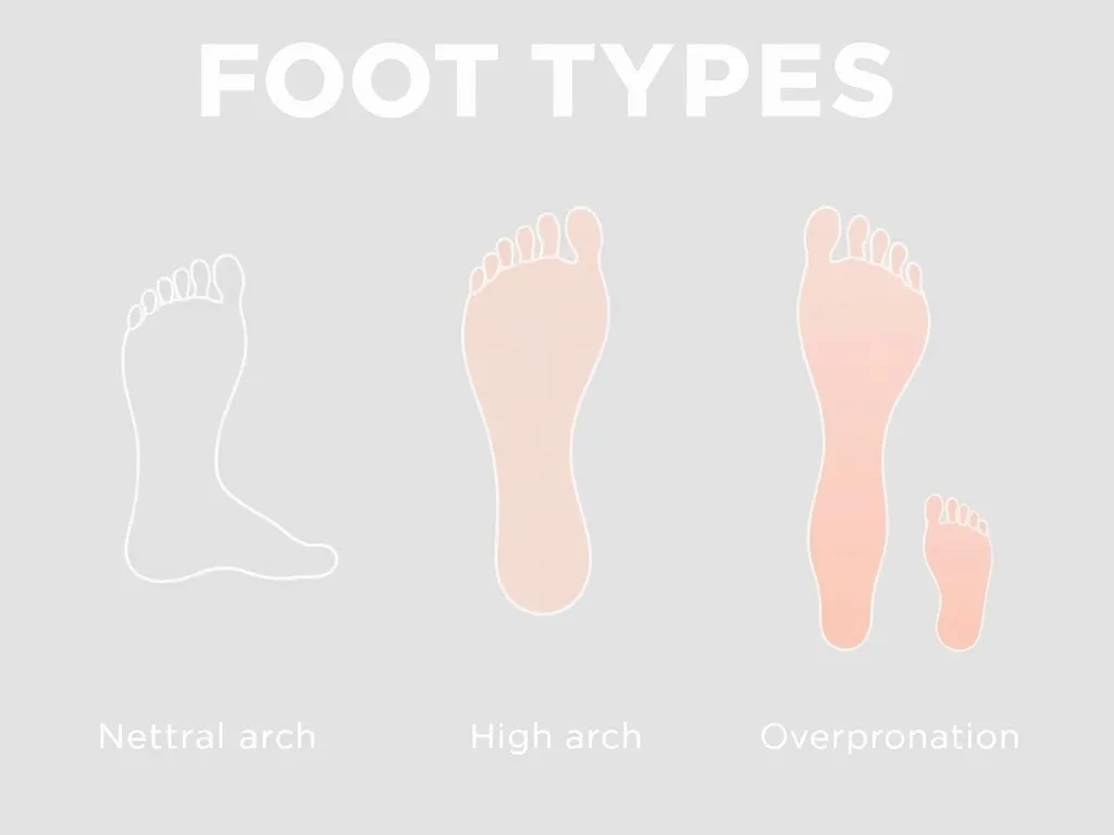 A visually appealing diagram illustrating foot types such as neutral arch, high arch, and overpronation, showing foot outlines and support diagrams, clean and informative, high quality. A visually appealing diagram illustrating foot types such as neutral arch, high arch, and overpronation, showing foot outlines and support diagrams, clean and informative, high quality.