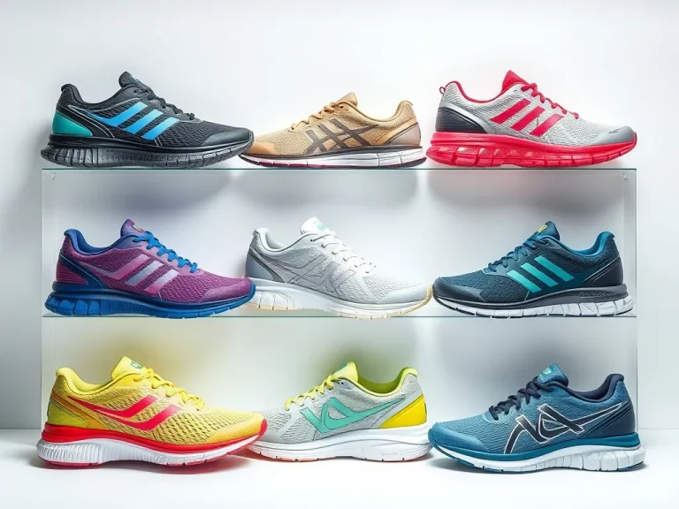 A collection of lightweight running shoes displayed neatly, each with different designs and colors, showcasing features like breathable mesh and vibrant colors, set in a clean and modern backdrop, photorealistic and high quality.