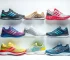A collection of lightweight running shoes displayed neatly, each with different designs and colors, showcasing features like breathable mesh and vibrant colors, set in a clean and modern backdrop, photorealistic and high quality.