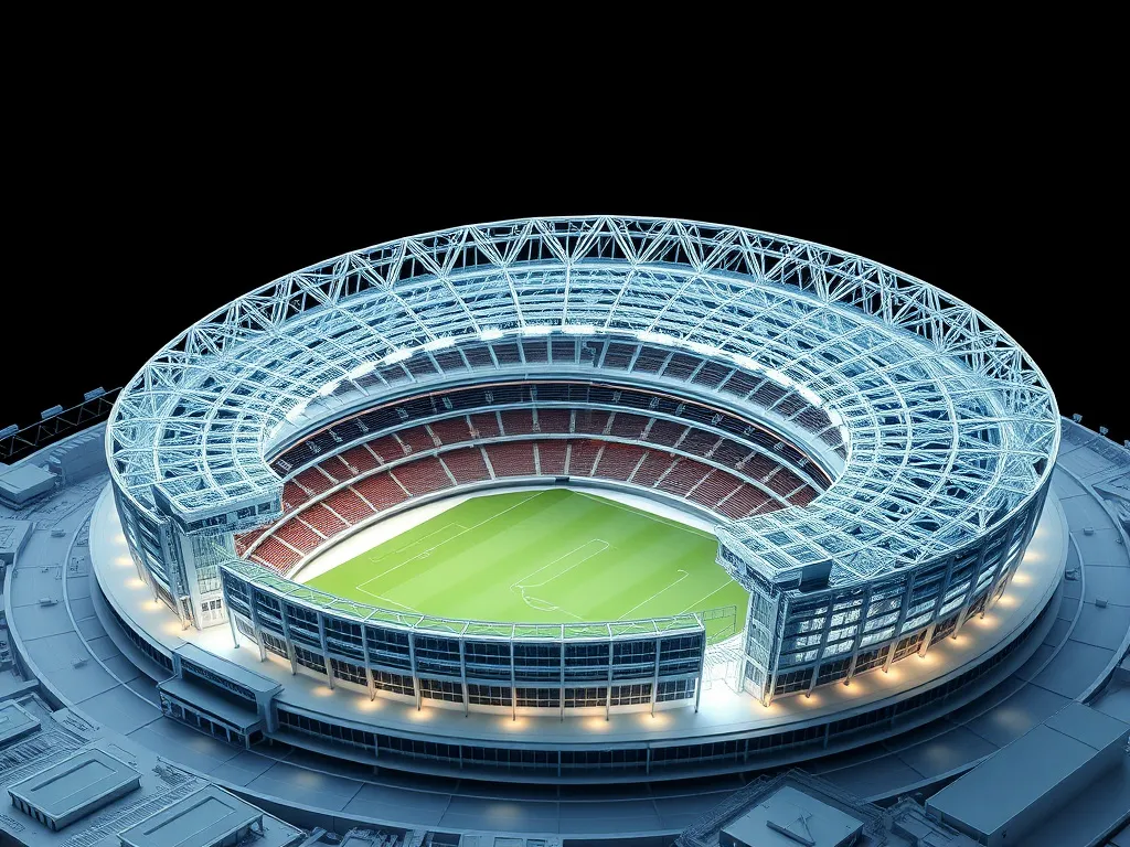 AI algorithms generating complex architectural designs for sports venues, detailed digital simulation