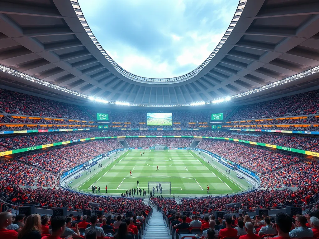 Futuristic interactive sports stadium with smart energy solutions and crowd management innovations, photorealistic, high quality