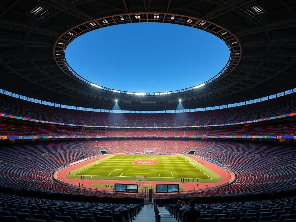 Innovative use of AI in Persian heritage-inspired stadium design, mixing traditional elements with modern technology, photorealistic, professional lighting