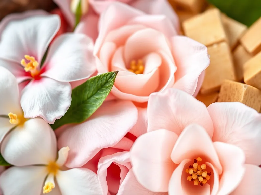 Close-up of jasmine, rose, sandalwood compositions, bright natural lighting, detailed, professional style, representing different perfume ingredients