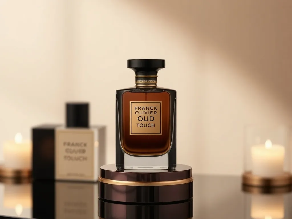 Franck Olivier Oud Touch perfume bottle, presented on an elegant stand with soft focused background, high-quality photography, showcasing luxury