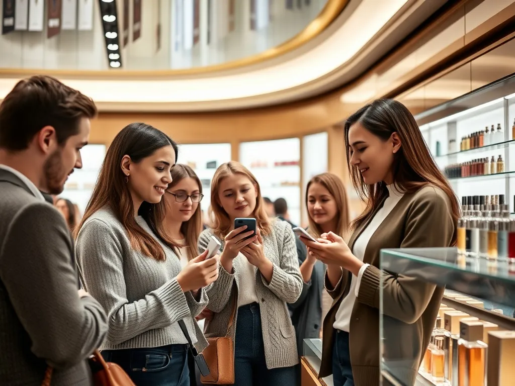 People exploring perfumes in a luxurious store setting, professional lighting, high quality, attentive expressions