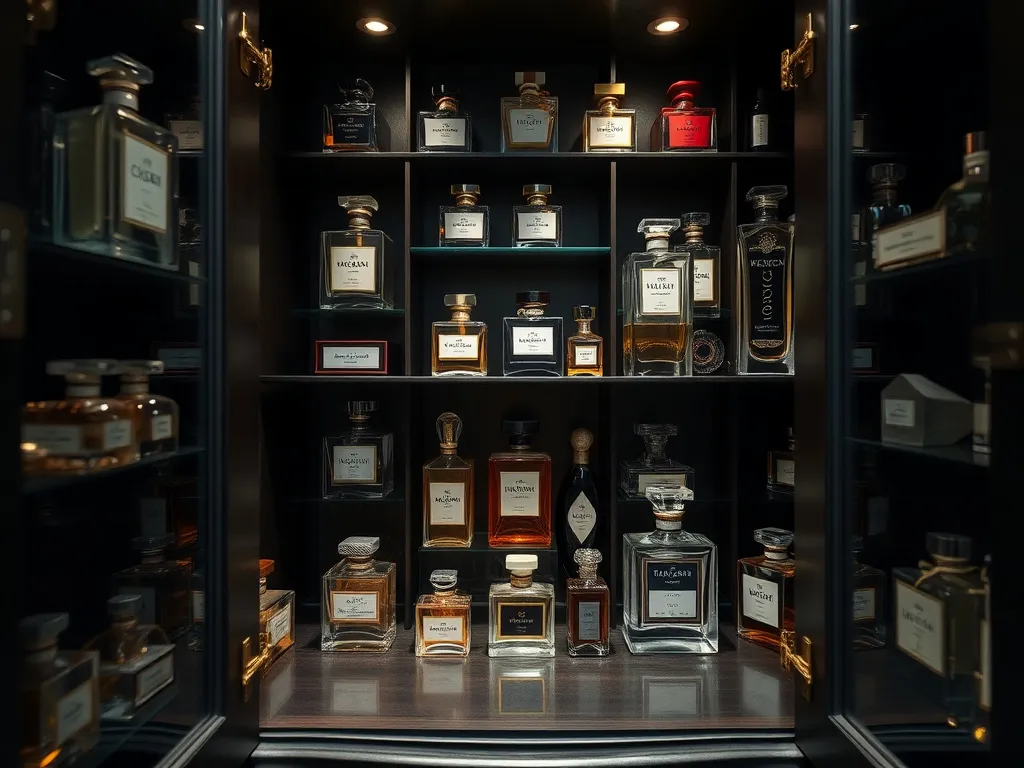 Perfume storage in a dark, well-organized cabinet, demonstrating elegant and careful preservation, photorealistic, high-quality