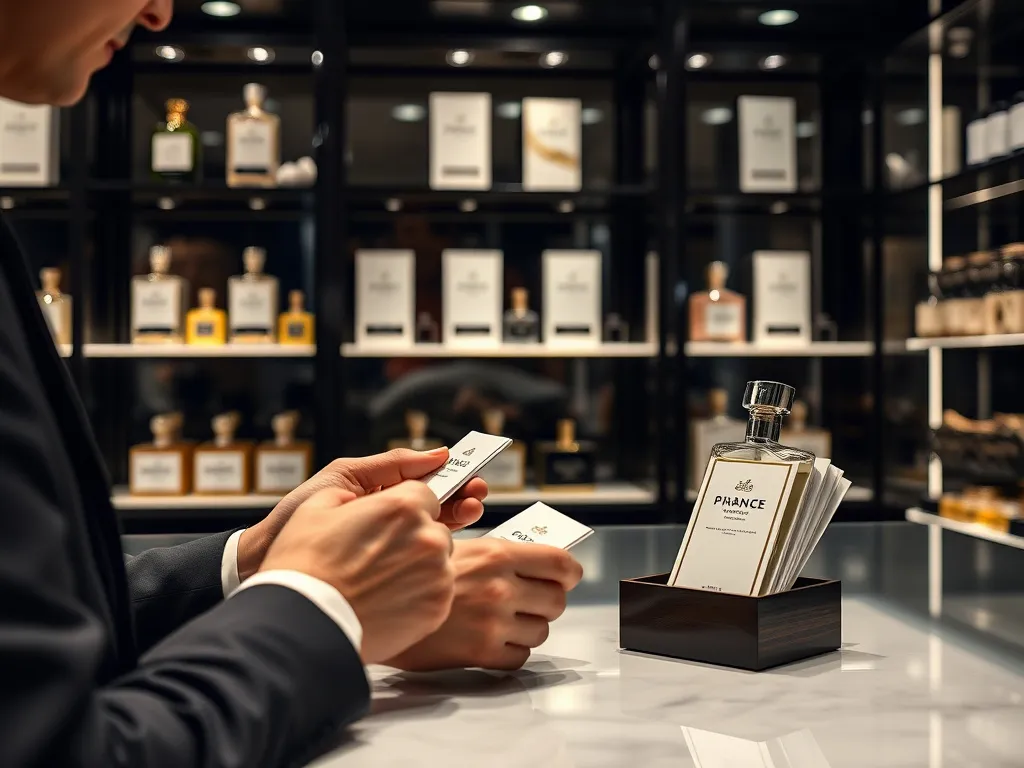 Person testing perfumes on skin and sample cards in a sophisticated store environment, detailed, expressive, professional style