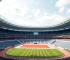 Futuristic sports stadium designed using artificial intelligence, blending modern architecture with environmental sustainability, photorealistic, high quality