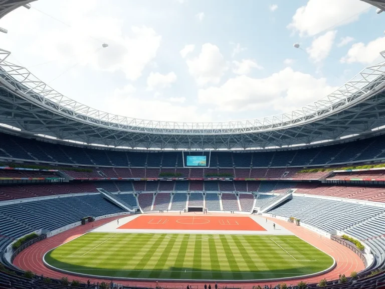 Futuristic sports stadium designed using artificial intelligence, blending modern architecture with environmental sustainability, photorealistic, high quality