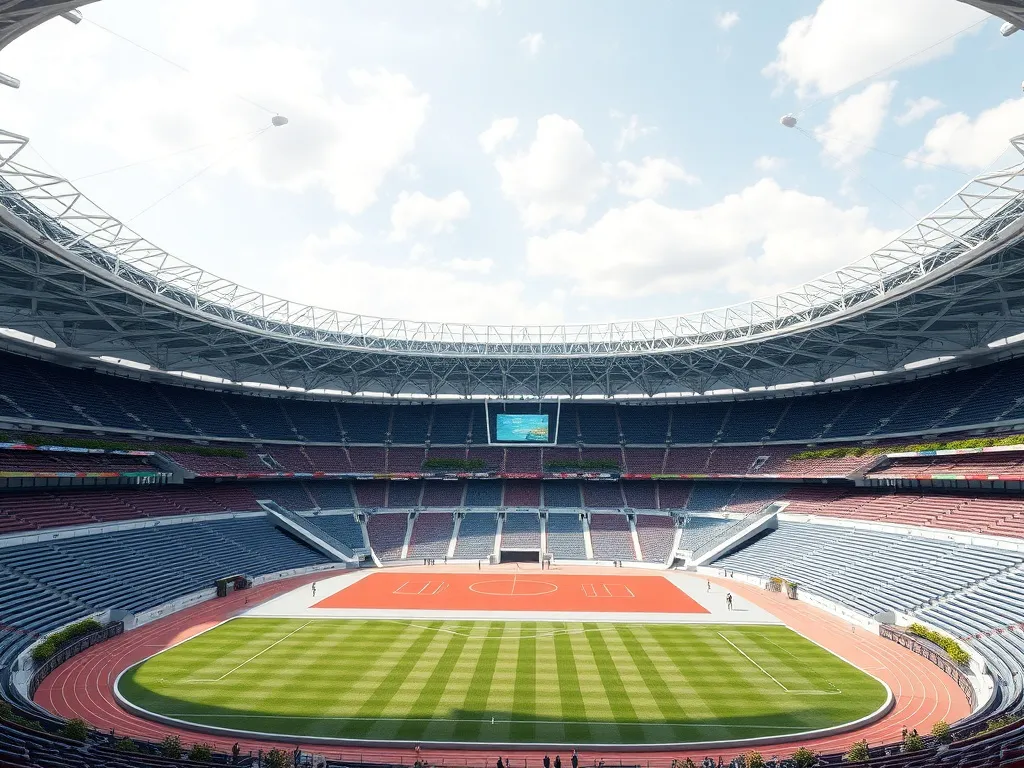 Futuristic sports stadium designed using artificial intelligence, blending modern architecture with environmental sustainability, photorealistic, high quality
