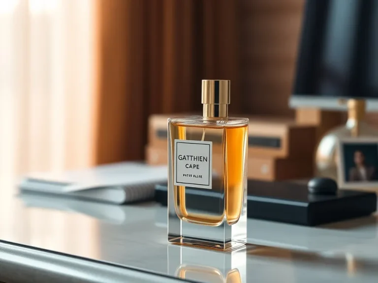 Elegant perfume bottle on a sophisticated desktop setting with warm natural lighting, photorealistic, high quality, timeless elegance