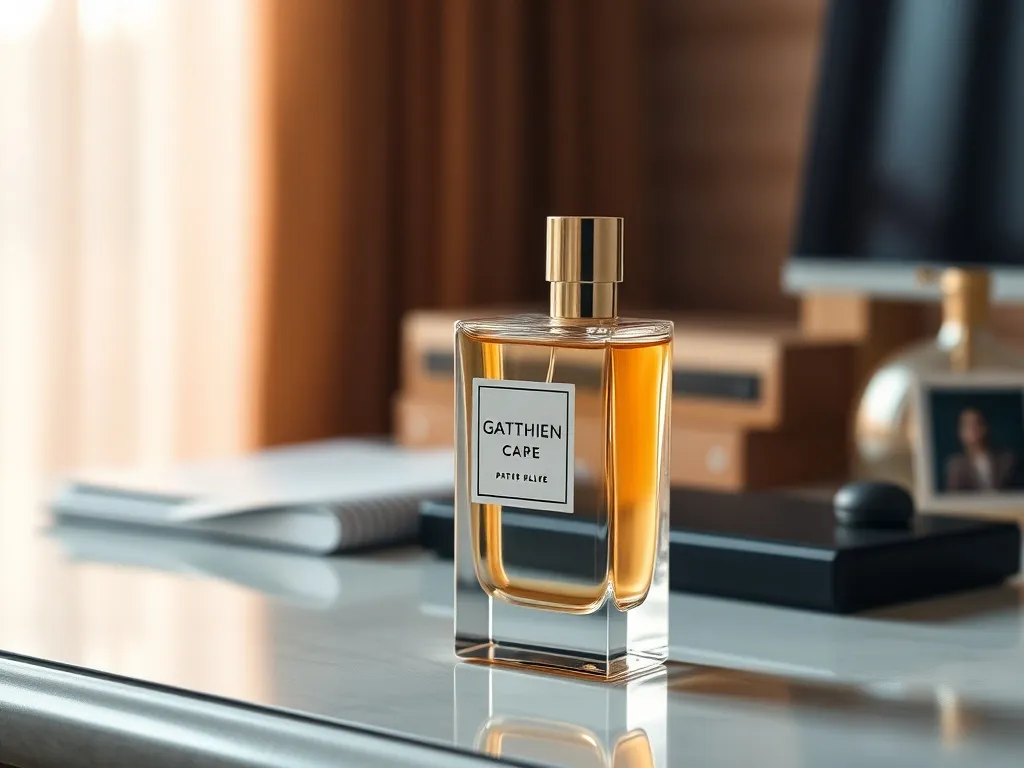 Elegant perfume bottle on a sophisticated desktop setting with warm natural lighting, photorealistic, high quality, timeless elegance