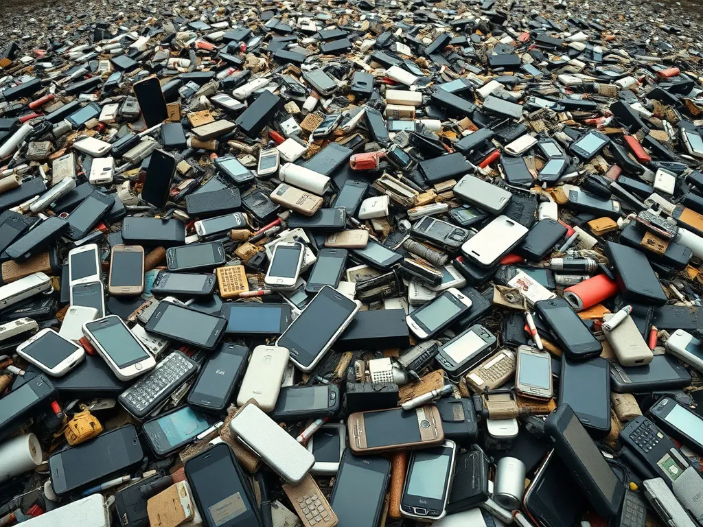 Photorealistic image of electronic waste in a landfill, showing various discarded electronics like phones, computers, creating an overwhelming pile, high detail, environmental impact