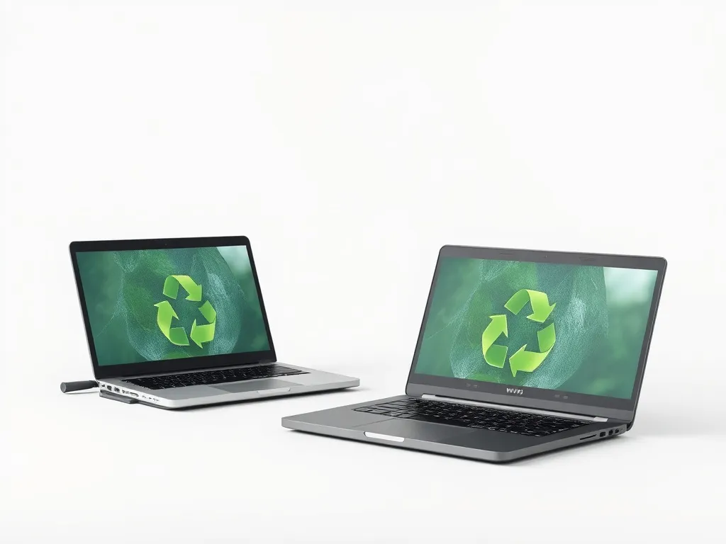 Professional image of sustainable electronic components, such as laptops with easily recyclable materials and low-energy designs, detailed, clean background