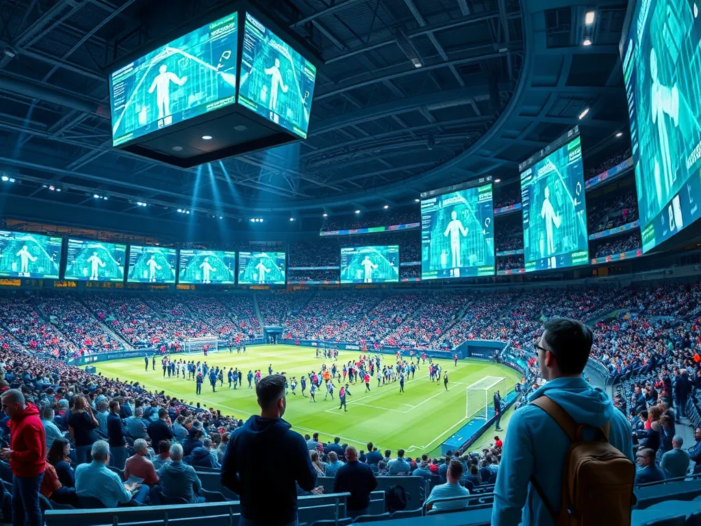 AI-driven data analytics in modern sports facility, with interactive digital displays analyzing crowd movement patterns, photorealistic, high tech environment