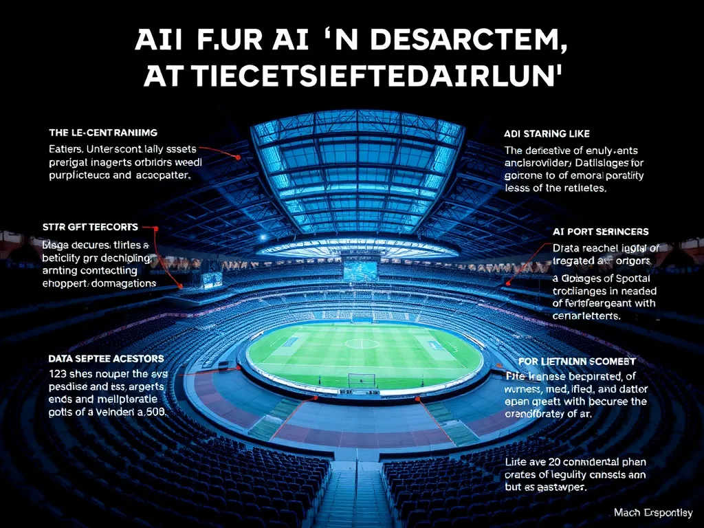 Conceptual image depicting challenges of AI integration in sports architecture, illustrating data security concerns and cost factors, detailed, modern