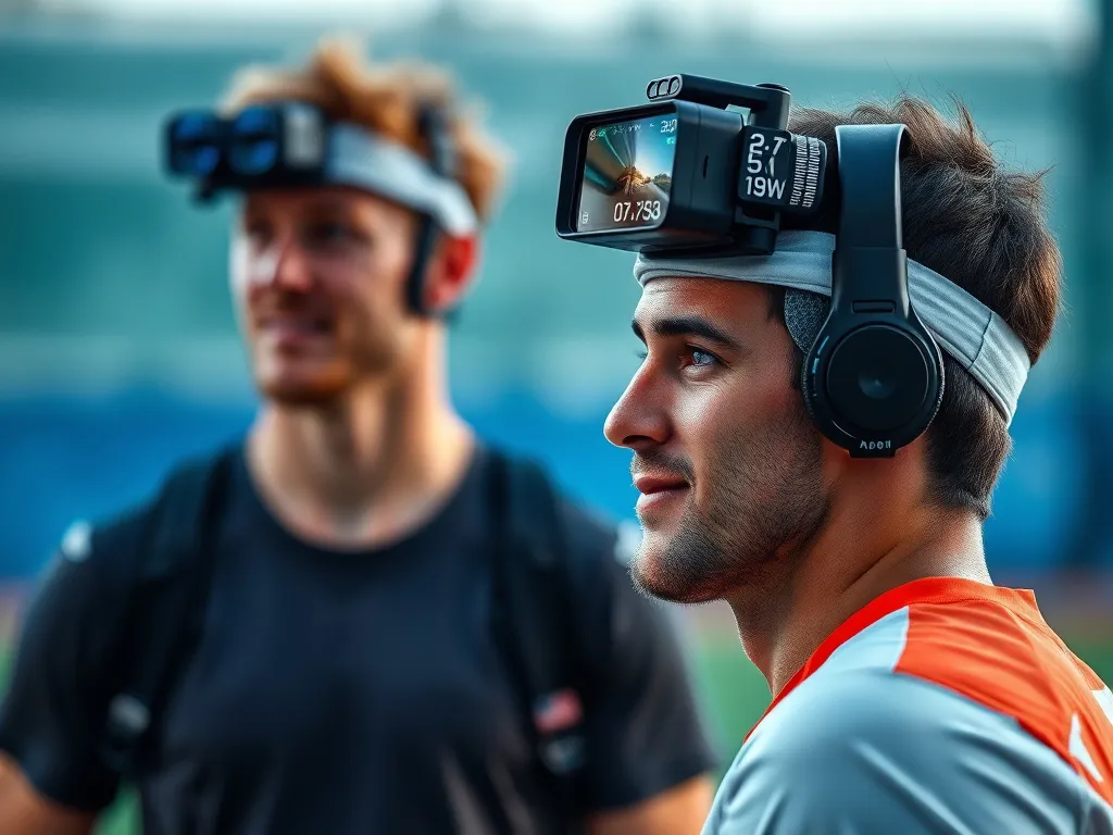 Wearable technology and cameras analyzing sports performance, displaying detailed reports and player statistics, professional photography style