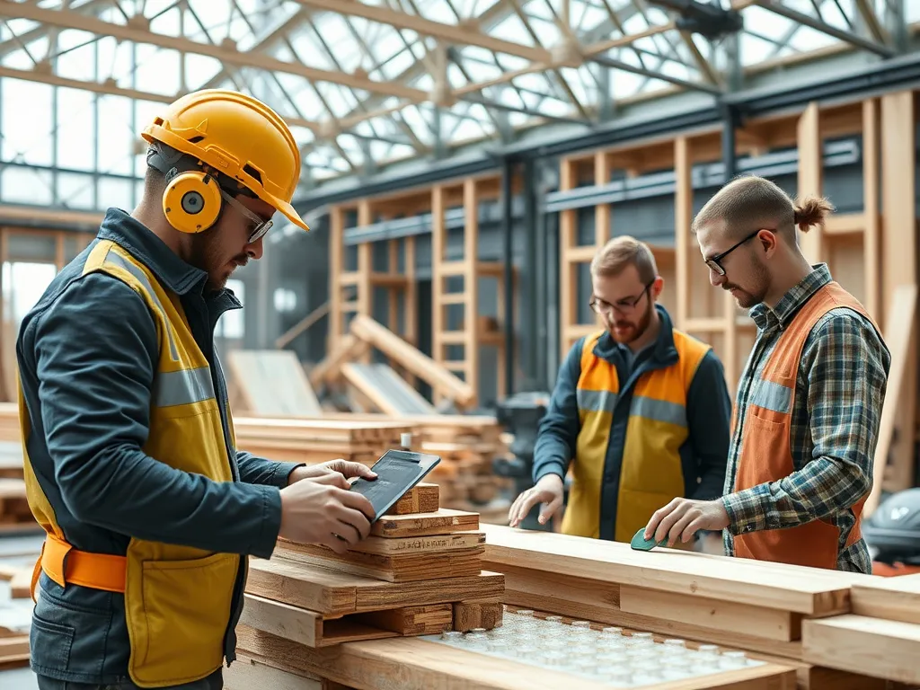 Advanced AI-driven construction process with timber, digital tools, and design software, engineers and architects collaborating, professional setting, high-tech visuals, detailed and modern