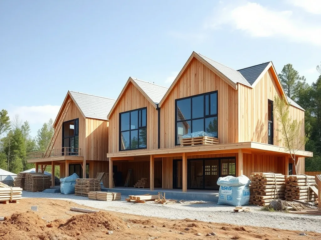 Eco-friendly construction site with mass timber materials, circular economy principles, reducing waste, sustainable architecture, professional photography style