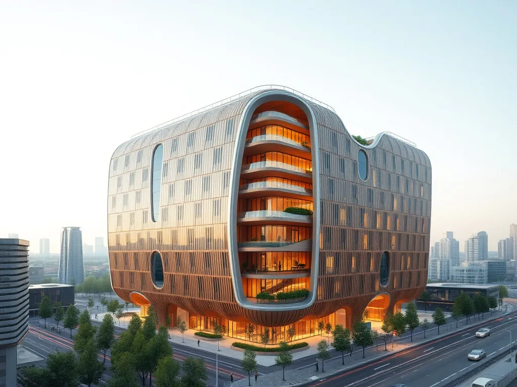 Futuristic architectural design integrating artificial intelligence and mass timber, sustainable building, modern cityscape, photorealistic, high quality, professional lighting, eco-friendly construction visuals
