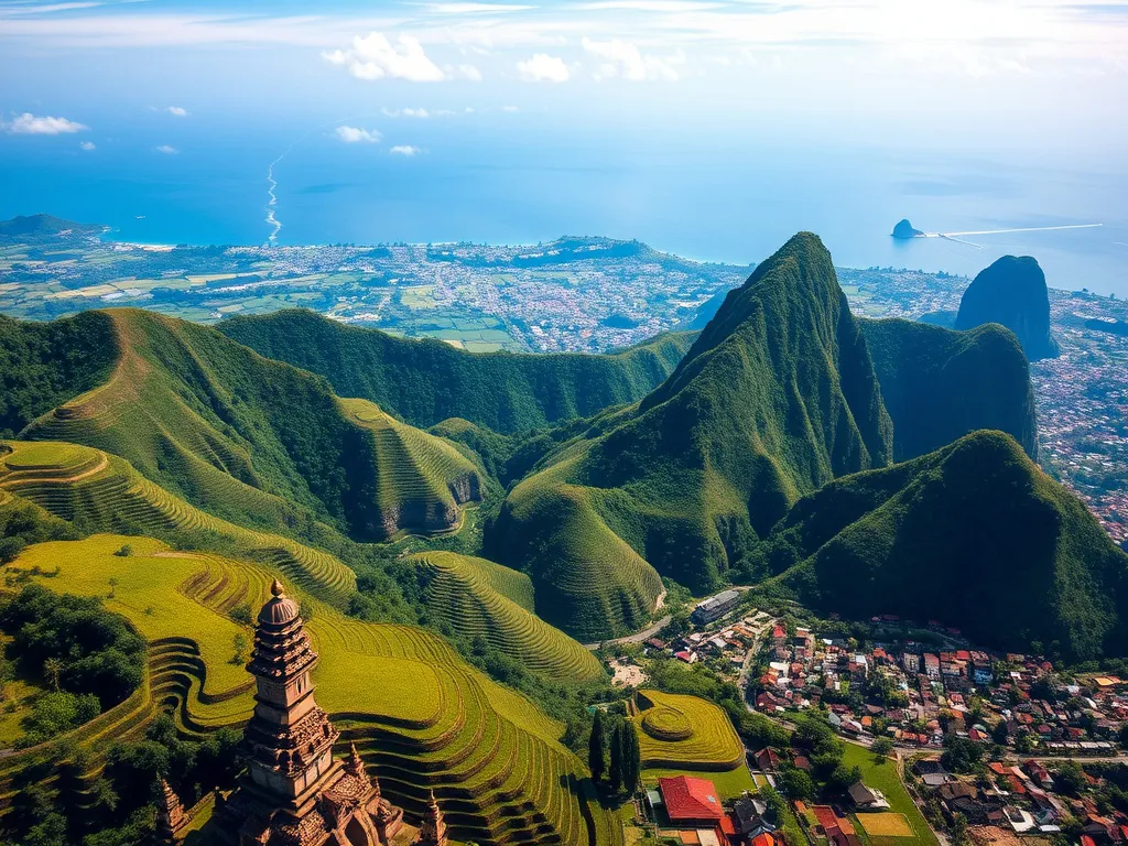 Aerial view of Bali showcasing its diverse landscapes, including lush rice terraces, dramatic ocean cliffs, serene temples, and vibrant urban life, high quality, vivid colors, natural lighting