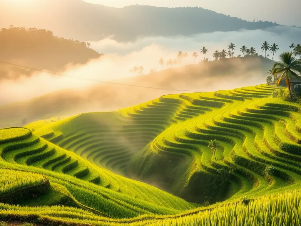 Photorealistic depiction of Ubud’s rice terraces under soft morning light, with mist gently rolling over the green fields, detailed and vibrant