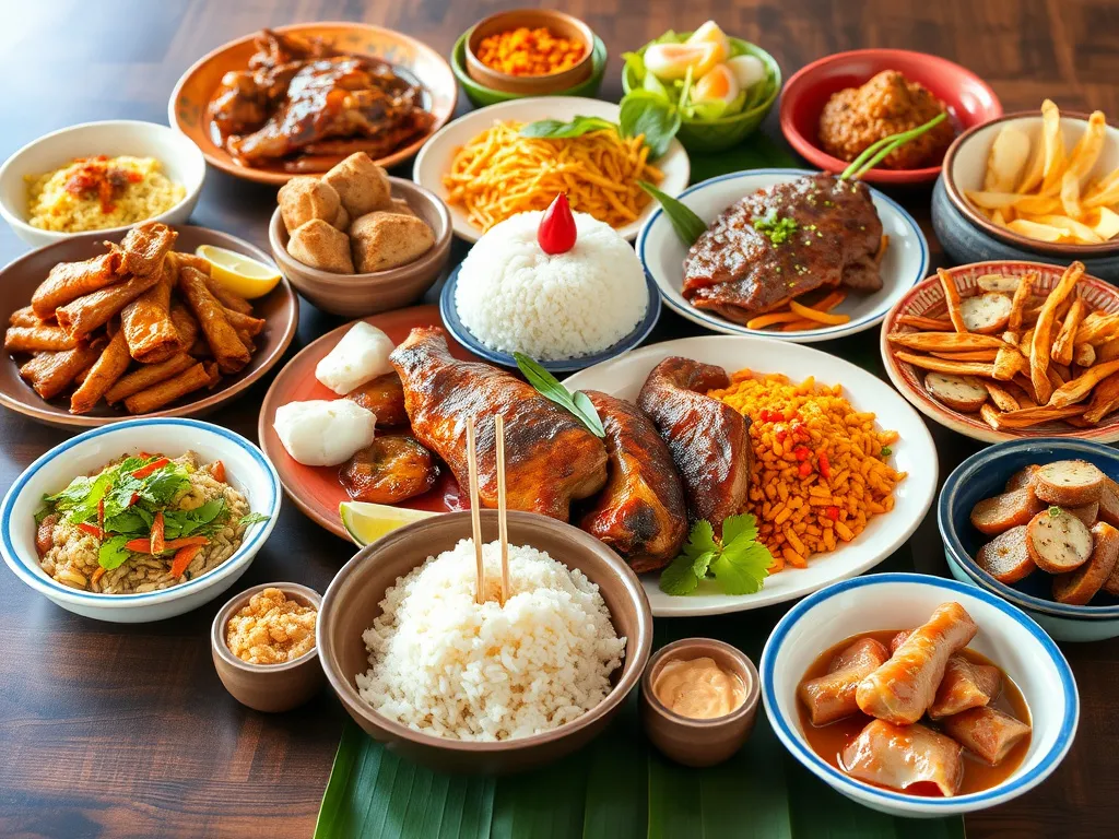 High-quality image of a traditional Balinese feast, featuring dishes like Babi Guling, Nasi Goreng, and Bebek Betutu, arranged in a vibrant, colorful spread, traditional Indonesian aesthetic